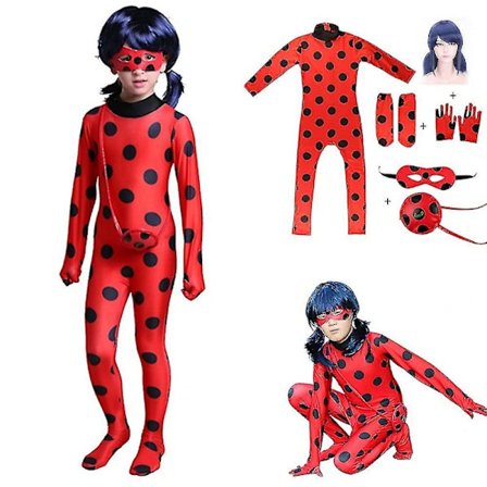 Bimirth Kids Girl Ladybug Cosplay Sett Halloween Party Jumpsuit Fancy Dress Kostym med ögonbindel, peruk, väskayky