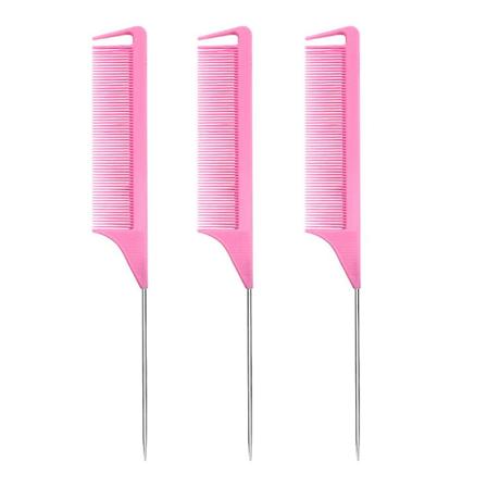 Rottehalekammer Delingskam: 3 stk Rottehalekamsett, Lang Stålpinne Rottehale Teasing Kam, Hårkam - rosa