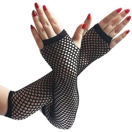 Fingerlösa fisknätshandskar dam svart 80-tals retro vintage nylon stretchiga meshhandskar för barn flickor dans disco kostymfester tillbehör