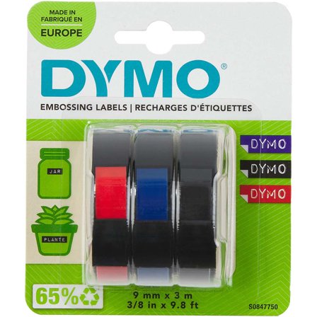 DYMO Embossing Label Tape 9mm x 3m Red/Blue/Black Lot de 3