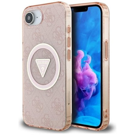 Guess IML Metal Glitter 4G Circle Triangle MagSafe kotelo iPhone 16e - vaaleanpunainen