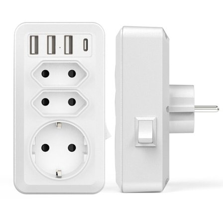 USB Multistikdåse, 7 i 1 USB Vægstik Oplader med 3 AC Stik (16A, 3800W), 3 5V/3.4A USB Porte, 1 Type-C Port, til Hjemmet, Kontoret, Rejser