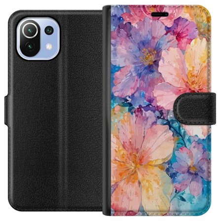 Kompatibelt Lommeboketui til Xiaomi Xiaomi Mi 11 Lite Akvarellmaling med store blomster i rosa, blå og gule toner i en myk kunstnerisk stil.