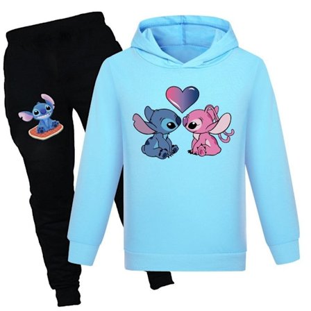 Børn Lilo & Stitch Hættetrøje Sweatshirt Bukser Sæt Drenge Piger Casual Hætteklædte Træningsdragt Lyseblå-Xin Lyseblå