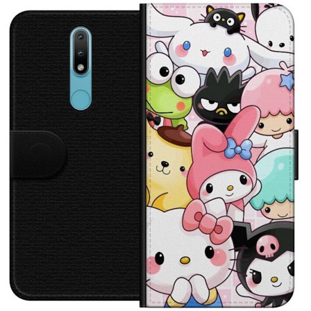 Yhteensopiva Lompakkokotelo Nokia 2.4 Tiheä kuvio suloisia hahmoja, joilla on suuret silmät eri väreissä ja ilmeissä LABUBU-tekstillä