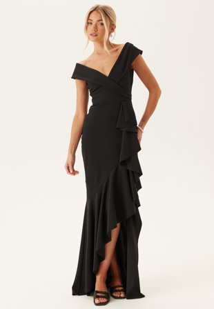 Goddiva - Bardot Frill Maxi Dress - Black - Kläder - - Bubbleroom