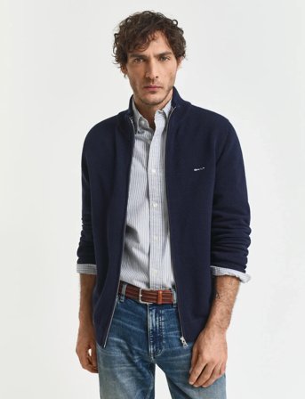 GANT Cotton Pique Zip Cardigan - Navy - XXXL
