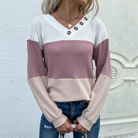 Kvinnor V-hals Tee Knappar Dekor Pullover
