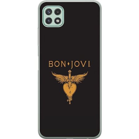 Kompatibelt Mobilskal till Samsung Samsung Galaxy A22 5G Ikonisk musikillustration med bevingat hjärta och dolk i guldtoner på mörk bakgrund, kraft