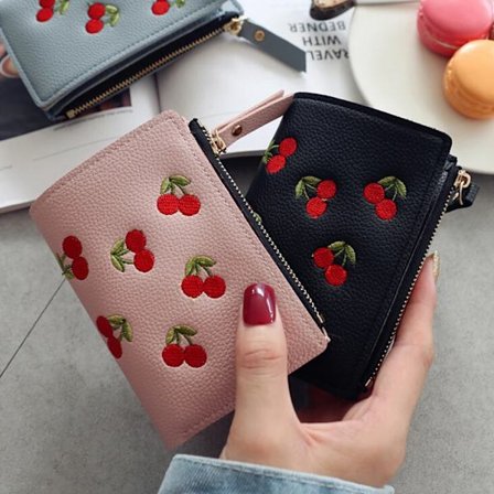 Fashion Wallet Women Girls Short Wallet Small PU Leather Cherry Embroidery Coin Purse Card Holders Lady Mini Coin Purse Cute