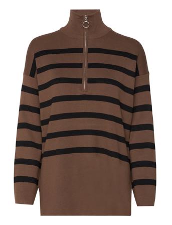 Objester L/S Knit Zip Pullover Noos Pullover Brun Object*Betinget Tilbud