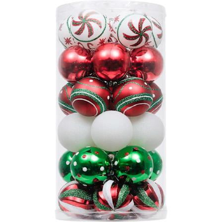 30 stk. 6 cm Udslettelige Julekugler, Landlig Rød Grøn og Hvid Julekuglepynt til Juletræspynt Rød Grøn Hvid Red Green White