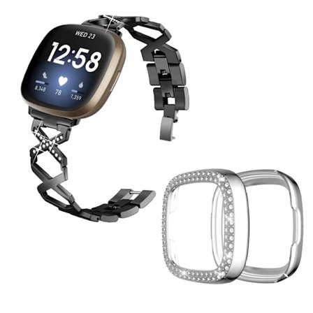 Fitbit Sense / Versa 3 X-formad med strassdekorerat klockarmband med silverfodral - Svart