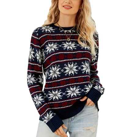 Jule Snefnug Trykt Rund Hals Strik - Varm Vintertrøje til Kvinder i Purpurblå XL