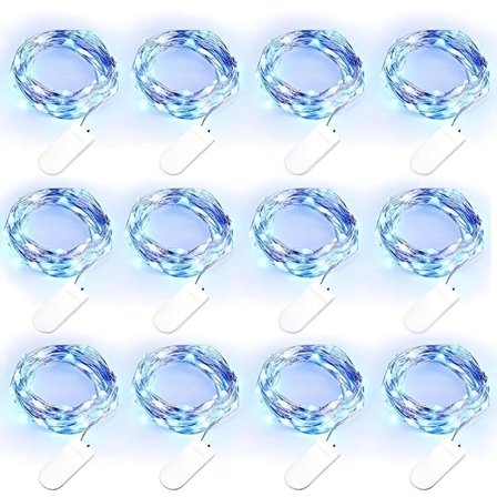 12x Blå Lys Kæde - LED Lys - Julelys - Juletræslys - Batteridrevet - Mini Lampe - Kobbertråd - Dekorativ Lys Kæde