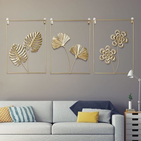 3 stk. Guld Vægskulptur Sæt, Moderne Minimalistisk Abstrakt Linje Kunst Ginkgo Blad Metal Skulpturer til Stue Soveværelse Kontor Væggen, 30x40cm