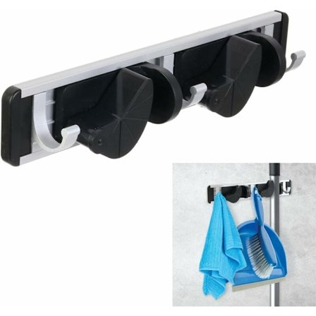 Monitoiminen seinäharjan pidike - Seinäharjan ripustin - Alumiini- ja muoviseinäharjan pidike, 2 koukkua, 3 vaatenoukkua - Autotallin järjestys - 