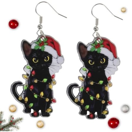 2,6x7cm Juleøreringe, Juletilbehør til Kvinder - Hængeøreringe til Jul - Juleklokke/Sort Kat/Jul S