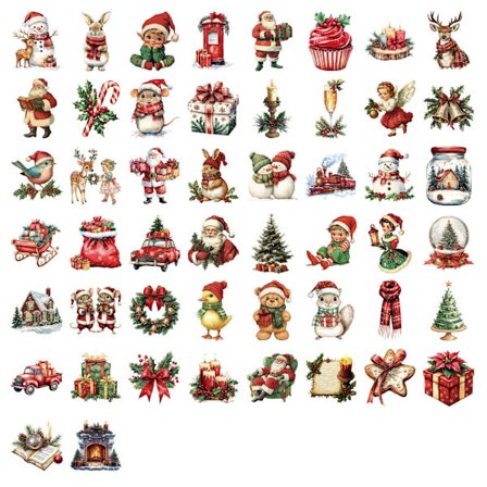 Retro Tecknade Juldekaler Paket med 50 Genomskinliga Vattentäta Dekaler
