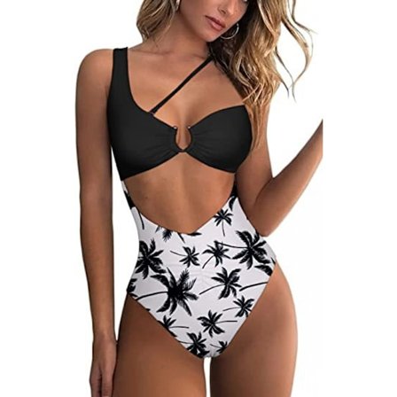 Kvinde En Skulder Udskæring Rynket Ryg Høj Skæring Monokini En Del Badetøj, Sort Kokosnød, M