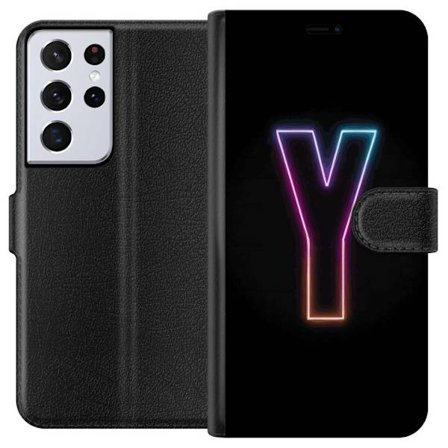 Kompatibelt Lommeboketui til Samsung Samsung Galaxy S21 Ultra 5G Minimalistisk neonbokstav Y i fargeskiftende lys mot svart bakgrunn