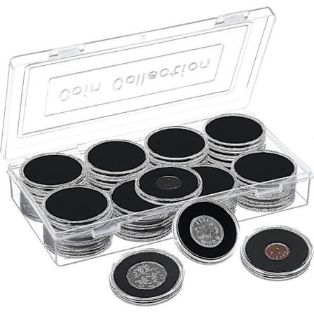 40 kpl 46 mm kolikkokapseleita 8 koossa (17/20/25/27/30/35/40/46 mm) Musta suojakumitiiviste sisällä kolikkokotelossa säilytyslaatikon kanssa