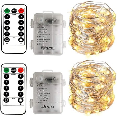 2 x 50 LED-batteridrevne lyskæder 5 meter mikro sølvkabel 3AA vandtæt med 8 program fjernbetjening (varm hvid)