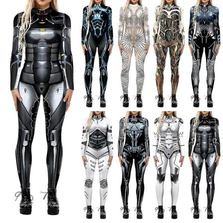 Halloween 3d Printed Cosplay Jumpsuit Karnevalsfest Cyberpunk Playsuit Fancy Dress Kostym för kvinnor Vuxen Gold XL