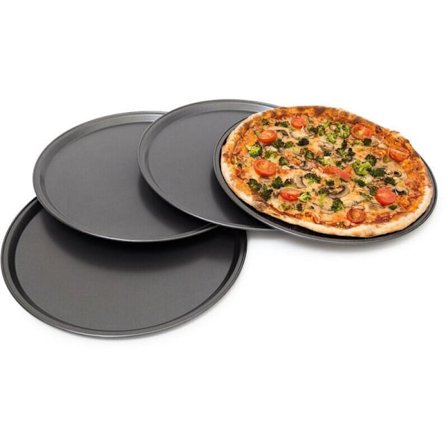 Relaxdays Sett med 4 Pizzabrett, 4 Pizzafat, Diameter 33 cm, Non-Stick Karbonstål Ovn, Antrasitt