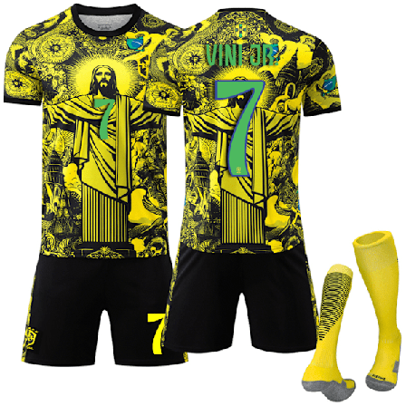 Brasilian jalkapallopaita lyhyill hihoilla lapsille ja aikuisille 2025-2026, sukat mukana, No.7 Vini JR keltainen No.7 yellow No.7 S