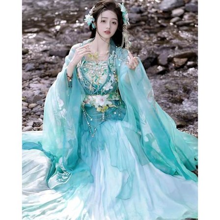 Hanfu-sett med tungt broderi av sommerfugler - Eterisk sommerfe-kjole med strukturert livstykke og kaskadeskjørt (lagdelt kjole + midjebelte)