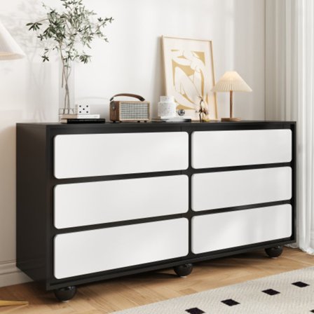 【Sideboard 140x38cm Moderne】Kommode med 6 skuffer & spejl, Opbevaringsplads, Hvid højglans