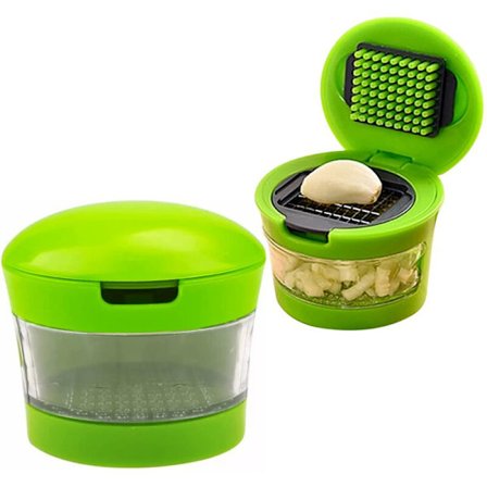 Hvidløgspresser og hakkesæt i rustfrit stål med silikoneskærer og opbevaringsbeholder, tåler opvaskemaskine