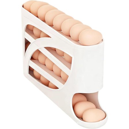 4-lags æggeholder til køleskab med automatisk rullefunktion - pladsbesparende opbevaring af 30 æg og hvid blomster-æggeskærer til køkkenet