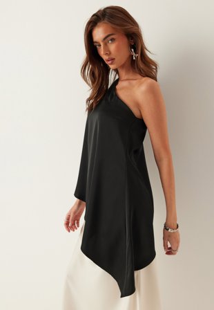 BUBBLEROOM - Asymmetric Satin Blouse - Black