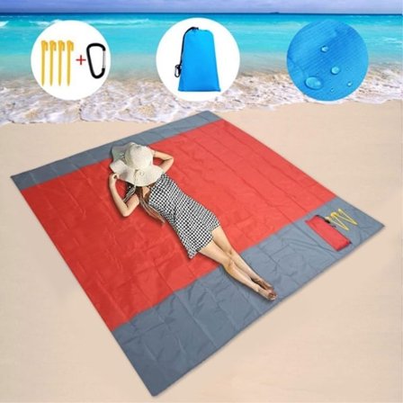 Strandteppe 210x200cm Stor Sandsikker Vanntett Strandmatte Rød