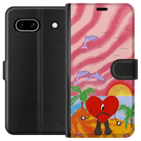 Kompatibel Tegnebogsetui til Google Pixel 7a Bad Bunny i en farverig quiltet jakke med hjertemønster og solbriller i moderne gade stil