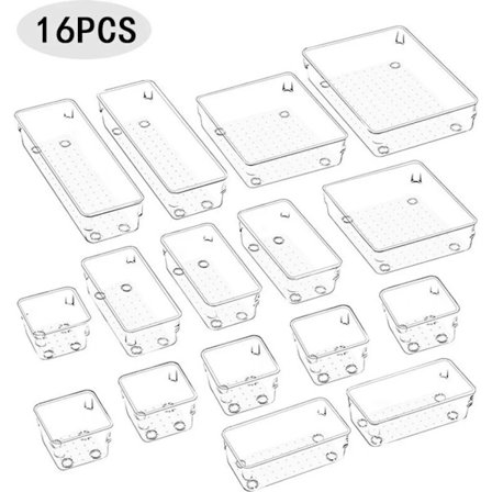 Oppbevaringsboks 16 deler organiseringsboksesett, akryl organiseringssystem (16 deler), stablebar, transparent oppbevaringsboks uten lokk-FF-