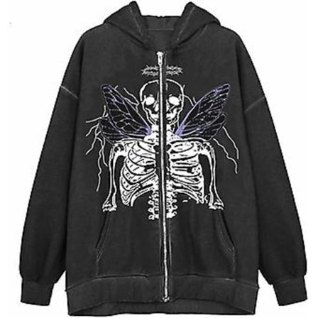 Dam Hoodie med Full Dragkedja Halloween Långärmad Grafisk Jacka Goth Tröja Tjej Streetwear (färg mörkgråvit.storleksxxl