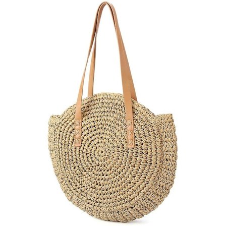 Halmväska - Dam Crossbody Bag - Retro Rund Strandväska - Shopper Korgväska - Stor Axelväska - Shoppingväska Kamel