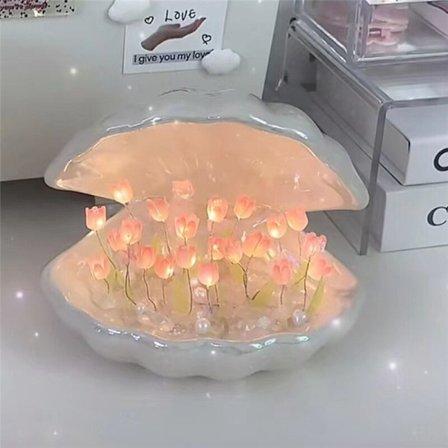 DIY Skjell Tulipan Nattlys Håndlaget DIY Tulipan Jente Stue Nattlys Skrivebordslampe Romantisk Atmosfære Lampe-Hvit
