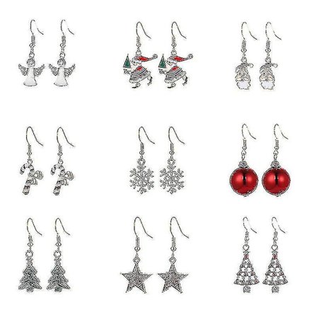 9 par juleøreringe til kvinder og piger - sløjfe, træ og snefnug