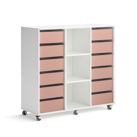 Elevförvaring CASPER, 12 lådor, 3 fack, hjul, vit, mörkrosa