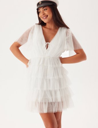 Bubbleroom Deep V-Neck Tulle Dress - White - 42