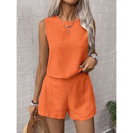 Dam Enfärgad Topp Och Shorts Set, Perfekt För Semester/Fritid (Orange)