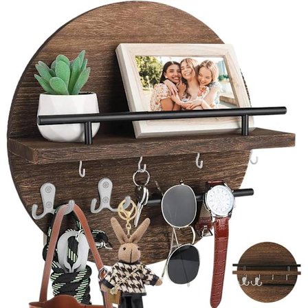 Træ nøgleholder med hylde - Nøgleholder med nøglekrog - Rund nøgleholder til stue, køkken, kontor, entre