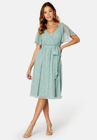 Goddiva Ditsy Flutter Sleeve Midi Dress Duck Egg Klær