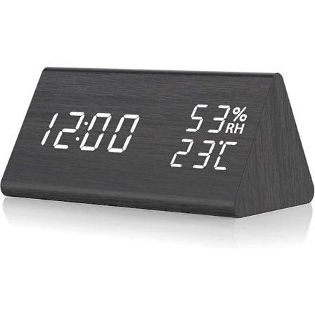 Digitalt Bordur, Digital Vækkeur Strømdrevet, Trævækkeur Ved Sengen, Stemmestyring, LED-Skærm Tid, Temperatur, Luftfugtighed, 3 Alarm