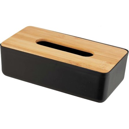 Kosmetikservietboks, boks til kosmetikservietter eller lommetørklæder, plastikservietboks med bambuslåg, let at fjerne, 24 x 7,5 x 12,7 cm, sort/natur