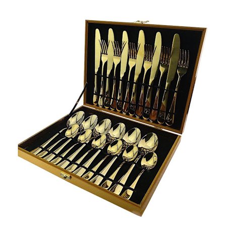 24 i 1 Rustfrit Stål Bestik Sæt Ske Gaffel Bestik Trækasse Vestlig Spisebestik Forbrugsvarer (gylden) 34,5x25x4,5cm